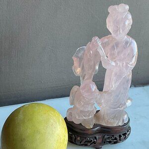 Vintage Rose Quartz Mother and Child Sculpture on carved Wooden Base